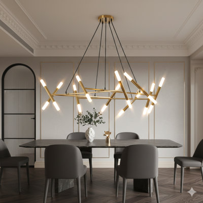 Un lustre moderne doré de 41 pouces avec une conception de branche, des tubes givrés et des cordons noirs. Ce luminaire suspendu à hauteur réglable convient aux salles à manger, aux salons ou aux îlots de cuisine (l'ampoule n'est pas incluse).