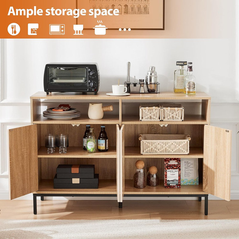 Buffet Buffet avec rangement, table basse cannelée naturelle avec portes et tablettes réglables, armoire moderne en bois pour la cuisine, le salon, le vestibule
