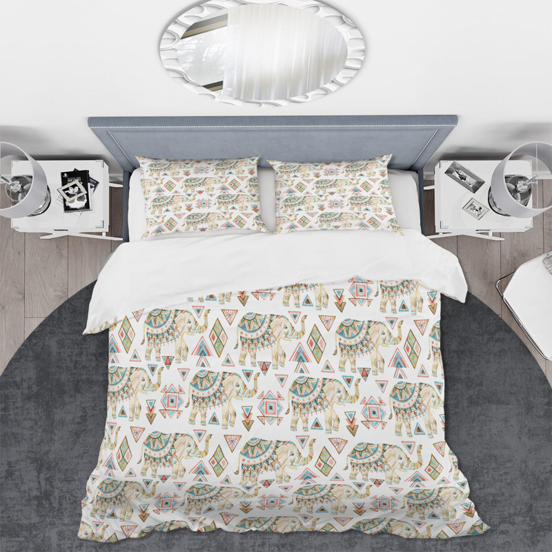 Indian Elephants With Tribal Geometrics I - Ensemble de housse de couette traditionnel - Polyester en microfibre
