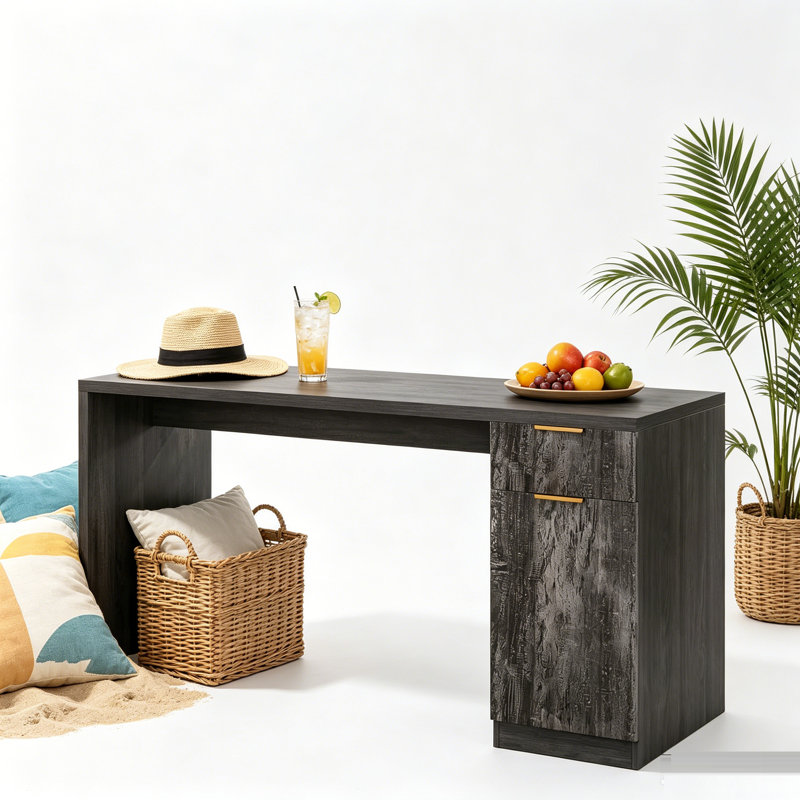 61" Executive Desk with Charging Station, 3AC+2USB, Right-Side Drawer & Cabinet, Adjustable Shelf, Fluted Door, Golden Handles, Farmhouse Home Office Computer Desk -Quick Assembly.