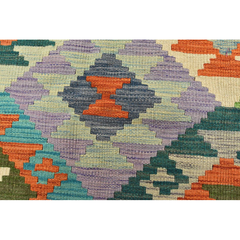 Tapis vert / bleu / mauve en laine noué à la main de conception unique 4 pi 1 po x 5 pi 11 po