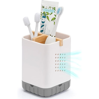 Toothbrush And Toothpaste Holder With Bamboo Divider For Bathroom Countertop Organizer, Plastic Detachable Anti-Slip Large Electric Toothbrush Holders Storage Caddy Drainage For Family, Kids