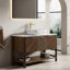 Meuble-lavabo autoportant moderne de 48 po avec lavabo vasque en marbre, plateau en pierre frittée Carrara et portes en bois cannelé, rangement à fermeture en douceur, noyer foncé