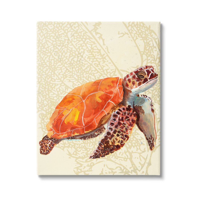 Collage botanique abstrait de tortues de mer orange par Jadei, Toile tendue, L 16 po x H 20 po