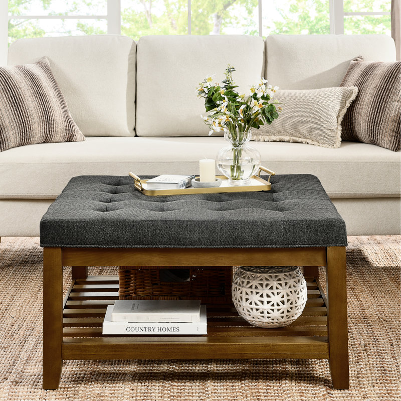 Structure en bois de hêtre avec coussin en lin gris foncé et tablette ouverte carrée, Dark Grey