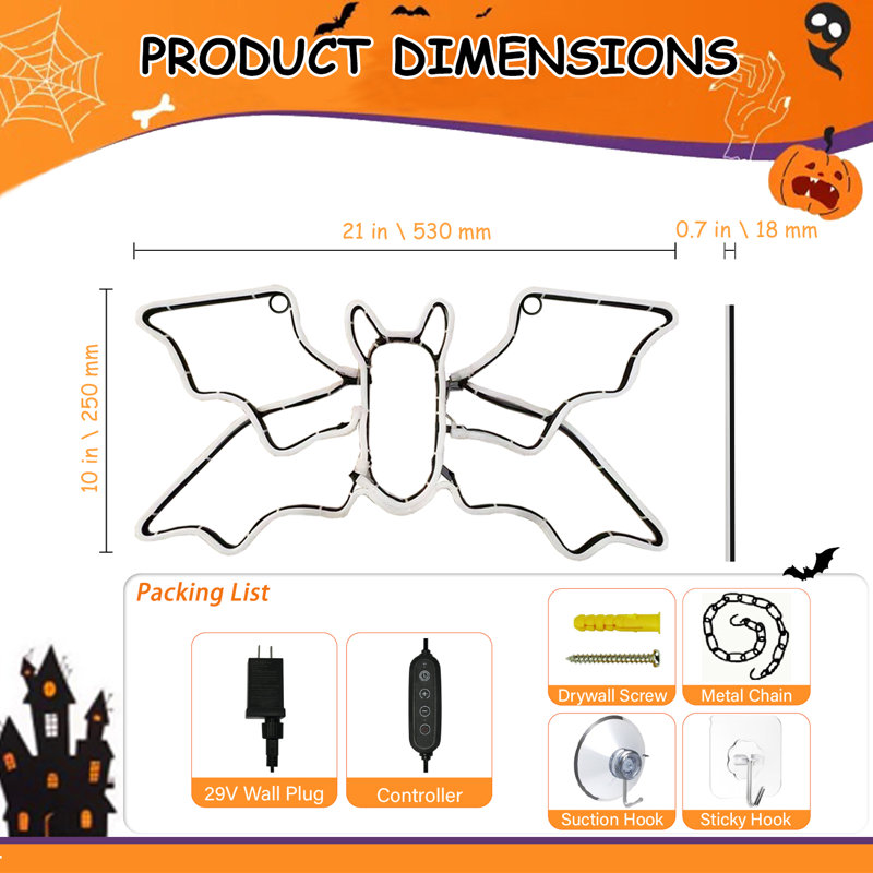 LED Neon Orange Bat Flying Effect Signs Holloween Home Decor 