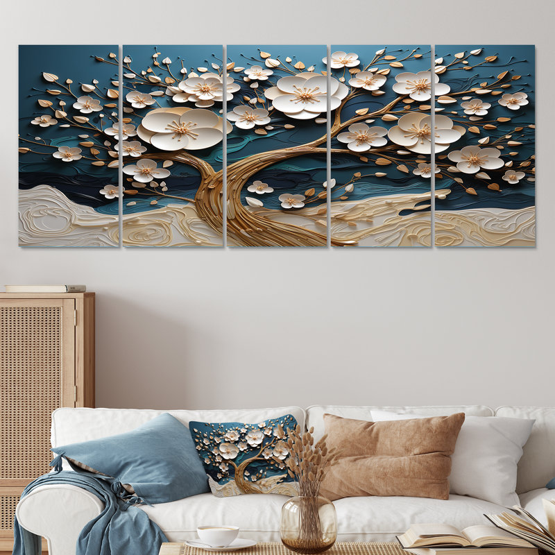 "Arbre d'orchidées bleu et blanc doré de branches I", 5 pièces - 5 pièces, H 32 po x l 80 po