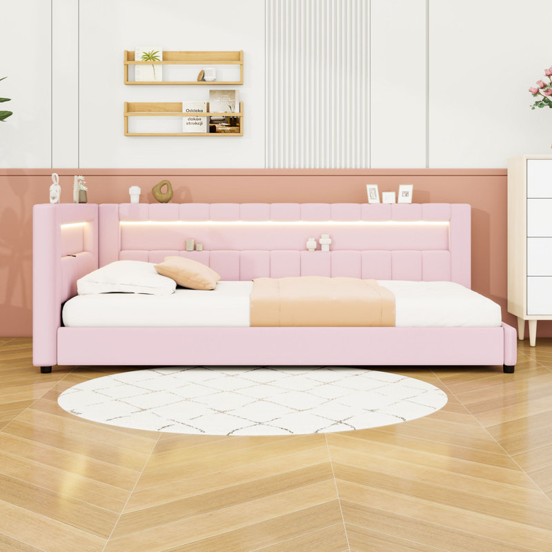 Lit de jour rembourré avec ports USB et DEL, Simple très long, Rose
