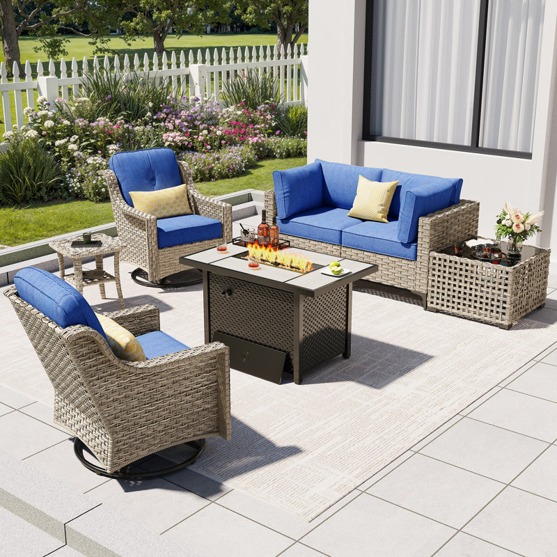 High Density Pe Cane Outdoor Sofa With Stove And Swivel Chair, Blue