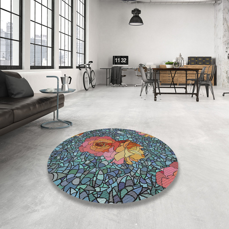Tapis bleu / brun Power Loom, Rond 6 pi