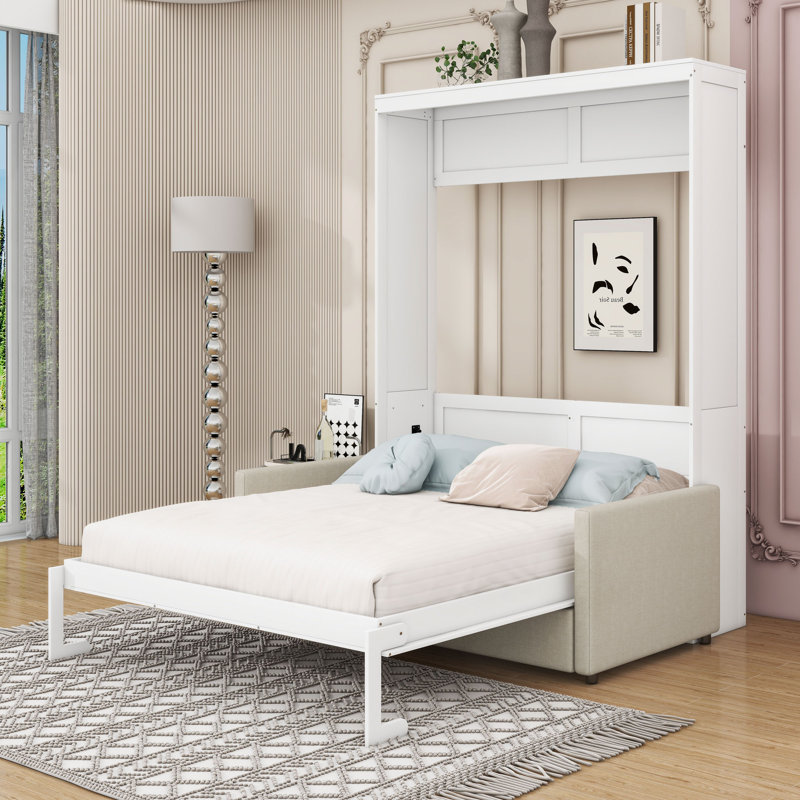 Shinpei Murphy Bed Wall Bed with Cushion, White, Full