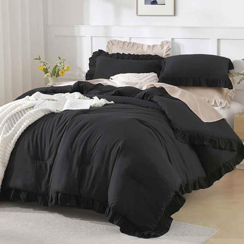 Andency Oversized King Ruffle Comforter Set 120x120, 3 Pieces Black Lightweight Fluffy Super King Bedding Set, Shabby Chic Famhouse All Season Bed Set for Girls Women