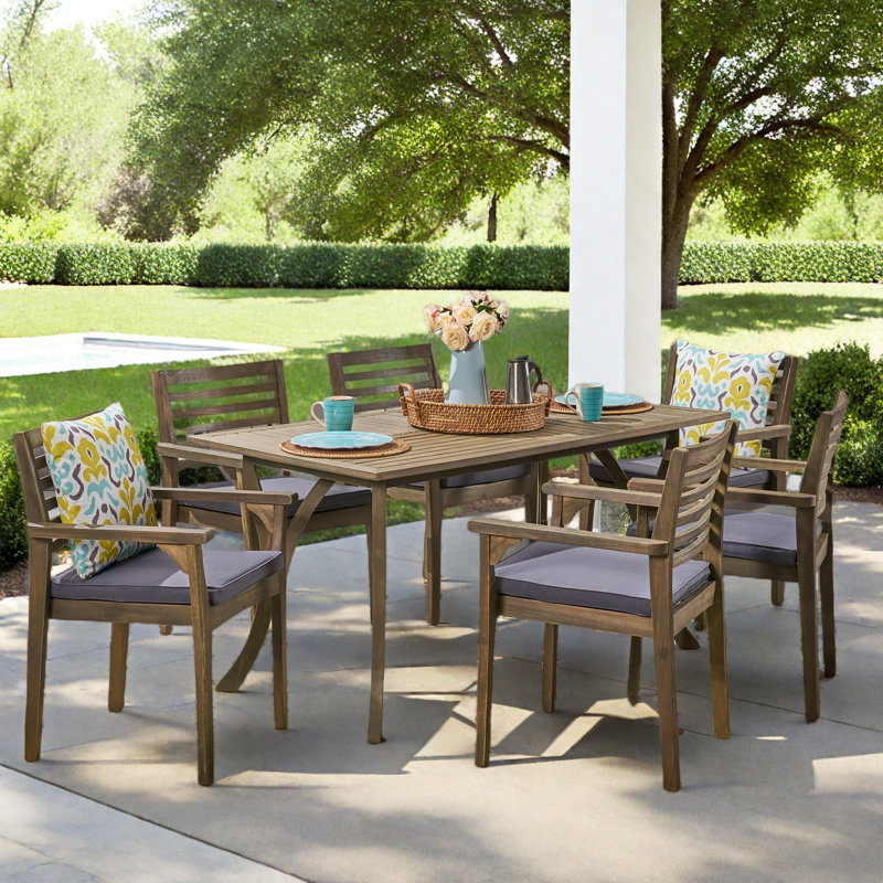 Tinnin 7-Piece Rectangular Acacia Dining Set with Cushions, Gray