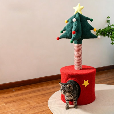 Arbre à chat en forme de sapin de Noël avec colonne et trou pour chat, 85 cm de haut, en jute naturel, avec un coussin en fausse fourrure, idéal pour les chats d'intérieur comme décoration de Noël.