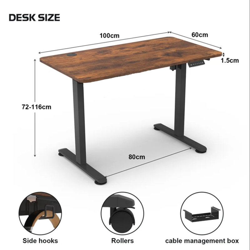 Alvana Adjustable Metal Base Standing Desk, Walnut, Black, 116cm H x 100cm W x 60cm D