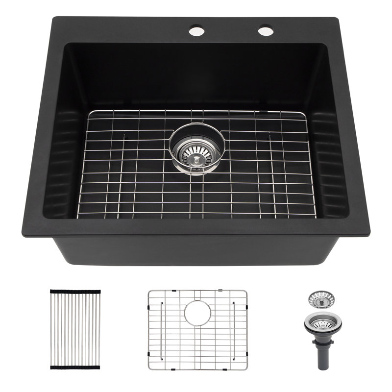 25'' L x 22" W Quartz Drop-In Kitchen Sink, Granite Composite Single Bowl Kitchen Sink with Sink Grid, Strainer and Roll-up Rack