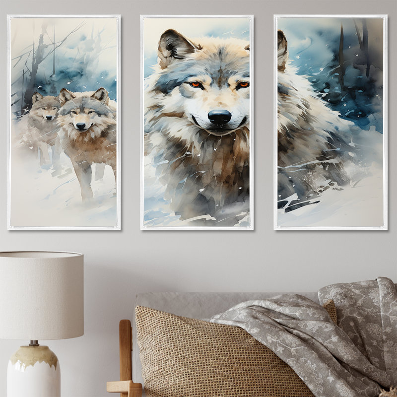 Neige loups en hiver I - loup, art mural, Cadre flottant blanc, H 40 po x l 61 po