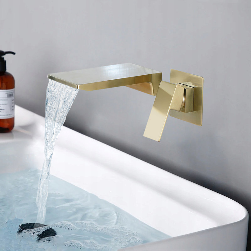 Modern Wall Mount Bathroom Sink Faucet – Waterfall Single Handle Wall Mounted Vanity Faucet with Solid Brass Body, Brushed gold