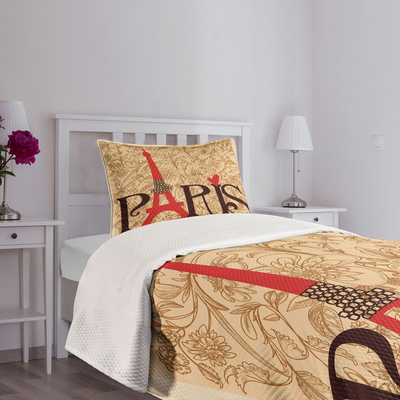 Paris Eiffel Tower Twin Quilted Bedspread Set in Beige and Red