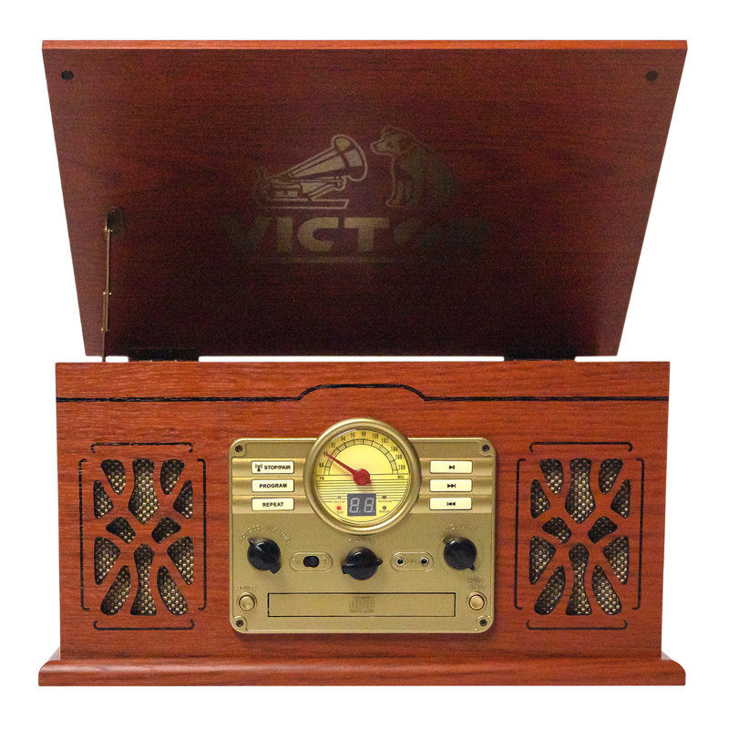 Centre musical 7-en-1 avec tourne-disque Bluetooth et vinyle, Acajou