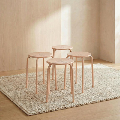 Stackable Metal Stools Set Of 4, Round Seat With Eiffel Tower Pattern, Portable Stackable Chairs,200 Lbs Capacity, No Assembly, For Classroom Living Patio Party Dining Pink