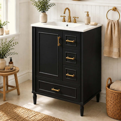 Meuble-lavabo moderne avec lavabo en céramique, porte à fermeture douce, 3 tiroirs, poignées dorées et support de porte pour un rangement peu encombrant