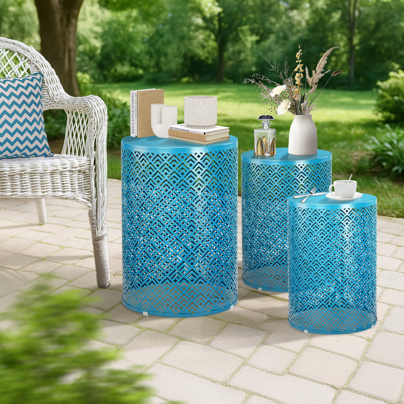 Outdoor Round Metal Stackable Side Table(Set Of 3), Blue