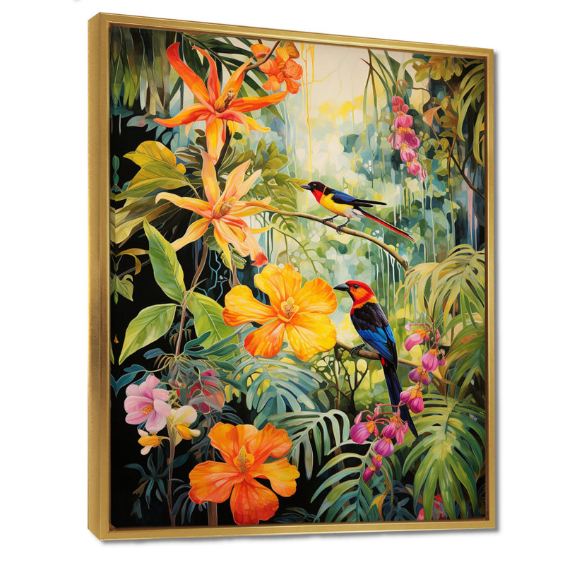 Oiseaux colorés dans une jungle tropicale fleurie - décoration murale oiseau, Toile avec cadre flottant or