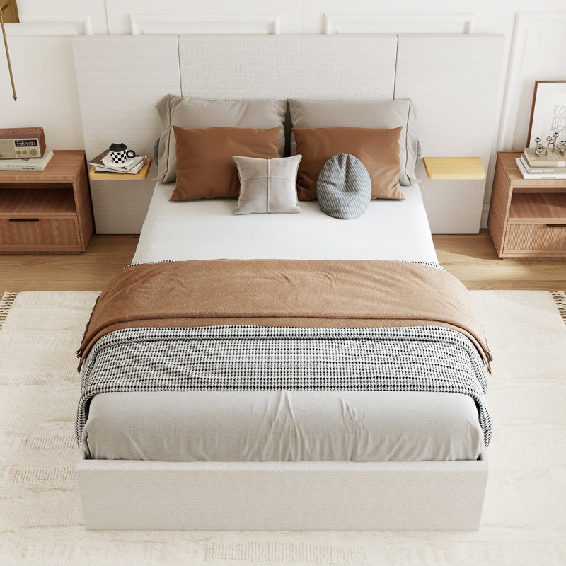 Upholstered Platform Bed Frame with 2 Floating Shelves, Queen