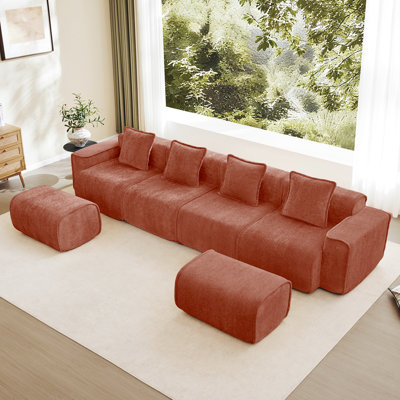 Canapé modulaire en U à 4 places avec passepoil à bordure française, sans assemblage requis, canapé à 4 places avec coussins décoratifs et 2 repose-pieds mobiles, tissu de velours rouge