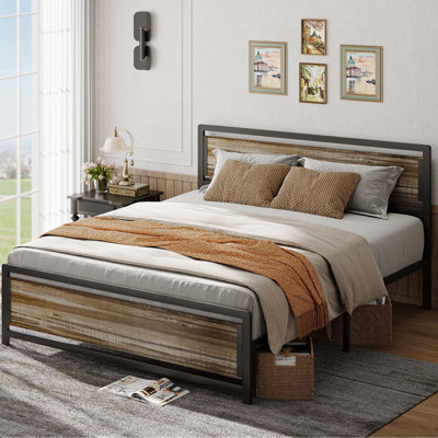 Modern Wood & Black Metal Platform Bed Frame with Sturdy Headboard