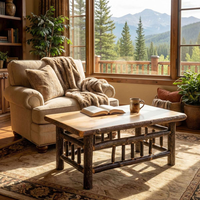 Fireside Lodge Hickory Log Square Coffee Table - 34-inch - Natural, 34" L x 34" W, Traditional