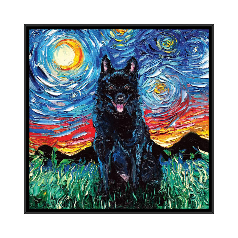 Reproduction d’art, "Schipperke Night" par aja Trèves, H 18 po x l 18 po x 1,5 po, Toile avec cadre noir, Pas de tapis