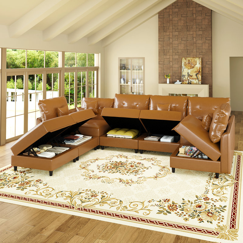 Canapé avec méridienne réversible avec repose-pieds Breseis, Brown Faux Leather