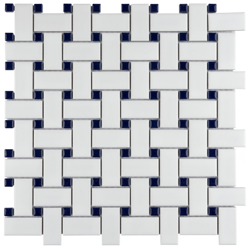 Metro Basketweave 11-3/4 " x 11-3/4 " Porcelain Mosaic Floor and Wall Tile, White/Cobalt Blue