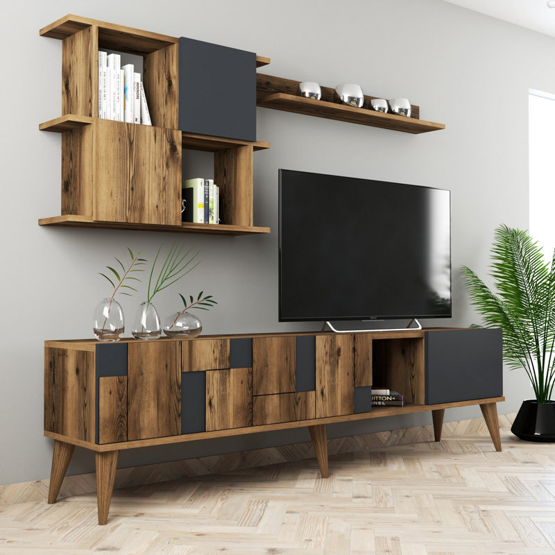 Modern TV Unit with Wall Shelf, Walnut & Anthracite, 70.9 x 19.1 x 13.3 in | 100% Melamine Coated Particle Board, Thickness: 0.7 in | Stylish Design with Numerous Shelves, Perfect for Living Room & Entertainment Spaces