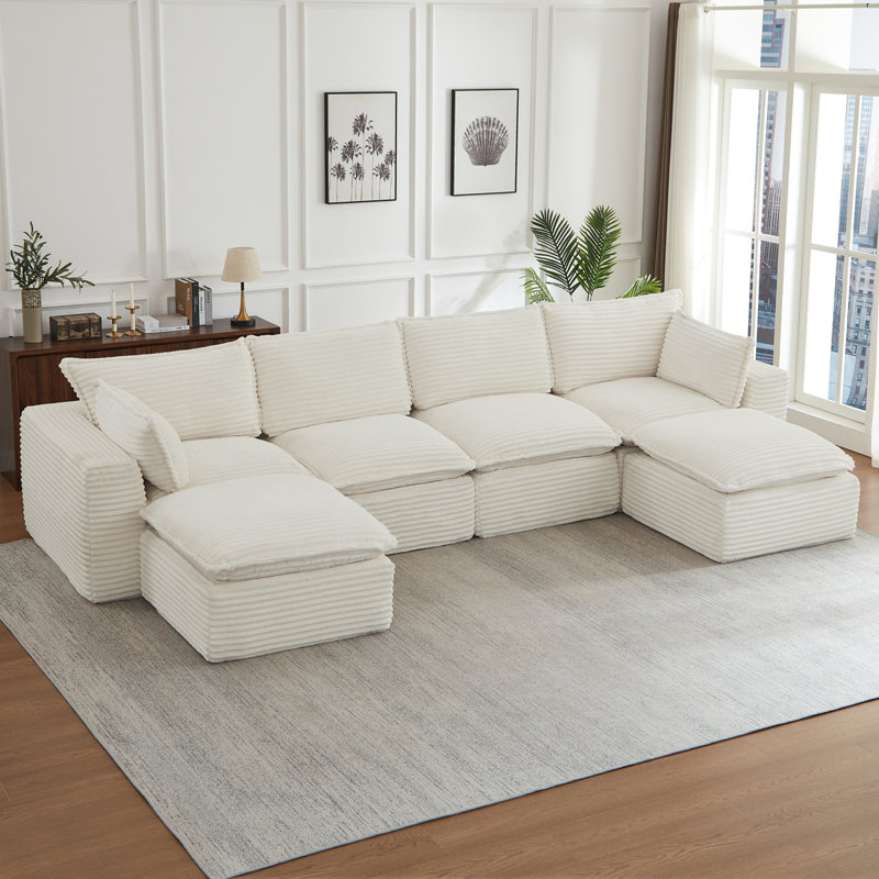 Canapés modulaires en nuage pour le salon, canapé convertible en U avec repose-pieds, 30.3" H x 140.1" W x 39.4" D, Blanc