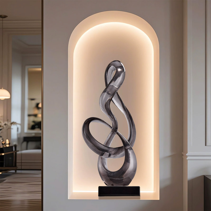 Modern Abstract Sculpture Art Decoration with Resin Body & Marble Base, Gray