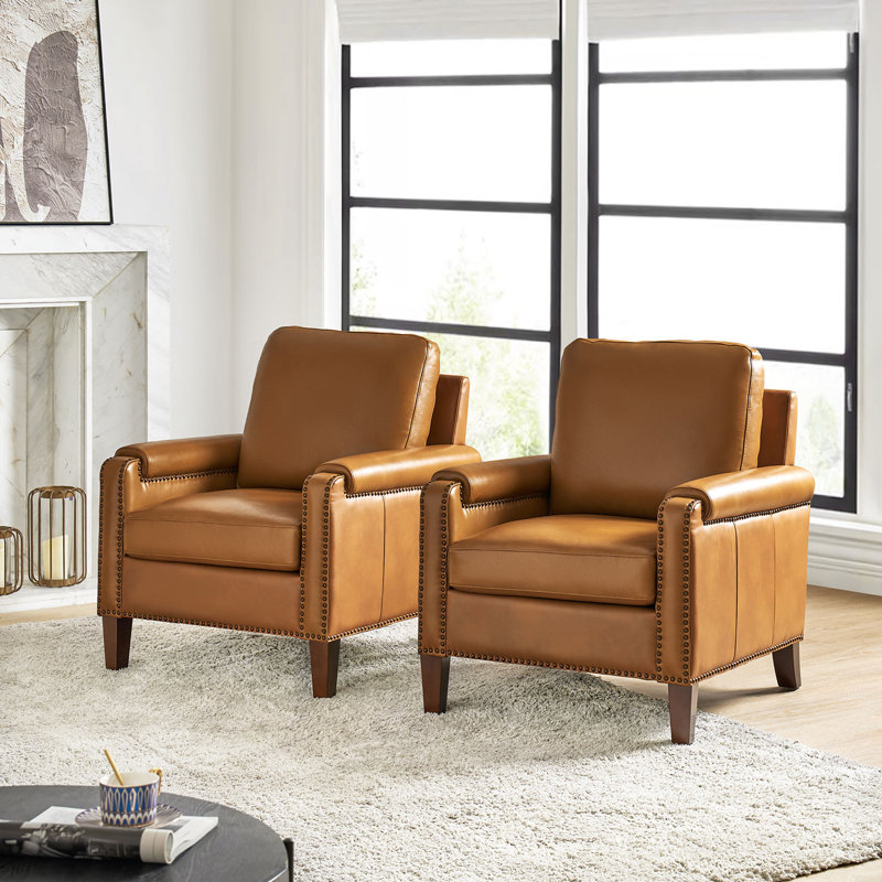 Fauteuil club transitionnel en cuir véritable l 31,5 po Paserella avec pieds en bois massif, Chameau