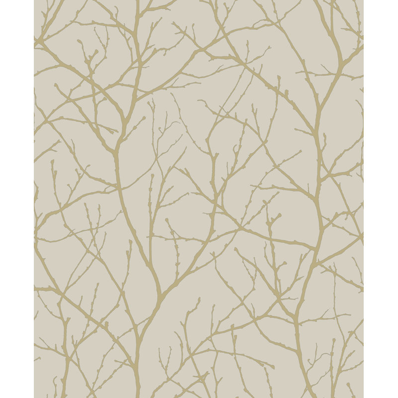 Trees Silhouette Floral Metallic Wallpaper Roll, Beige/Gold