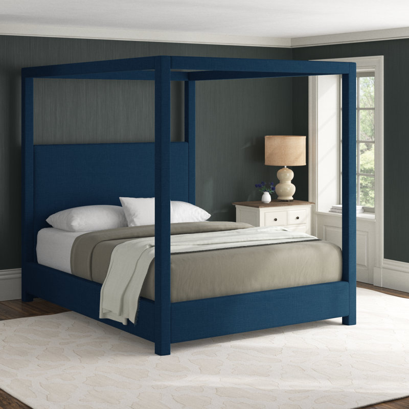 Mistaya Dunwich Solid Wood and Upholstered Platform, King, Navy Linen