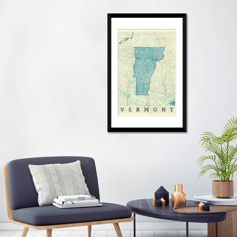 « vermont map », impression sur toile, H 24 po x l 16 po x P 1 po, Papier d'art encadré noir, Blanc
