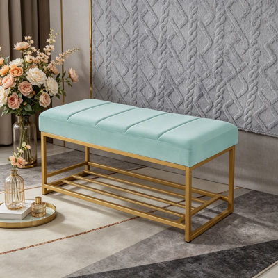 Velvet Upholstered End of Bed Bench with Metal Shelf, Modern Tufted Entryway Bench Footboard Bench for Living Room, Bedroom, Gold Finish, Compact Storage Bench