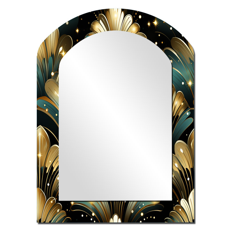 Miroir mural arqué riche et or et émeraude Art Deco, 34 po x 25 po