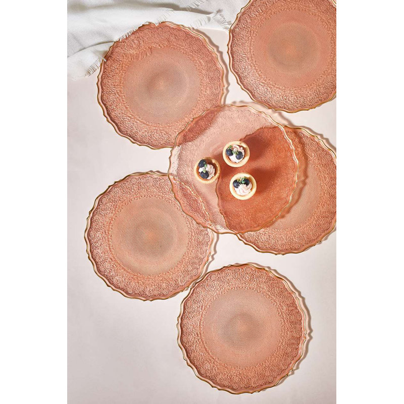 Ensemble d'assiettes à dessert élégantes en verre rose (6 pièces), 8,3 x 8,3 x 1,0 pouces | 100% verre durable, parfait pour les gâteaux et les pâtisseries | Ajout élégant à votre collection de vaisselle, ne va pas au lave-vaisselle ni au micro-ondes