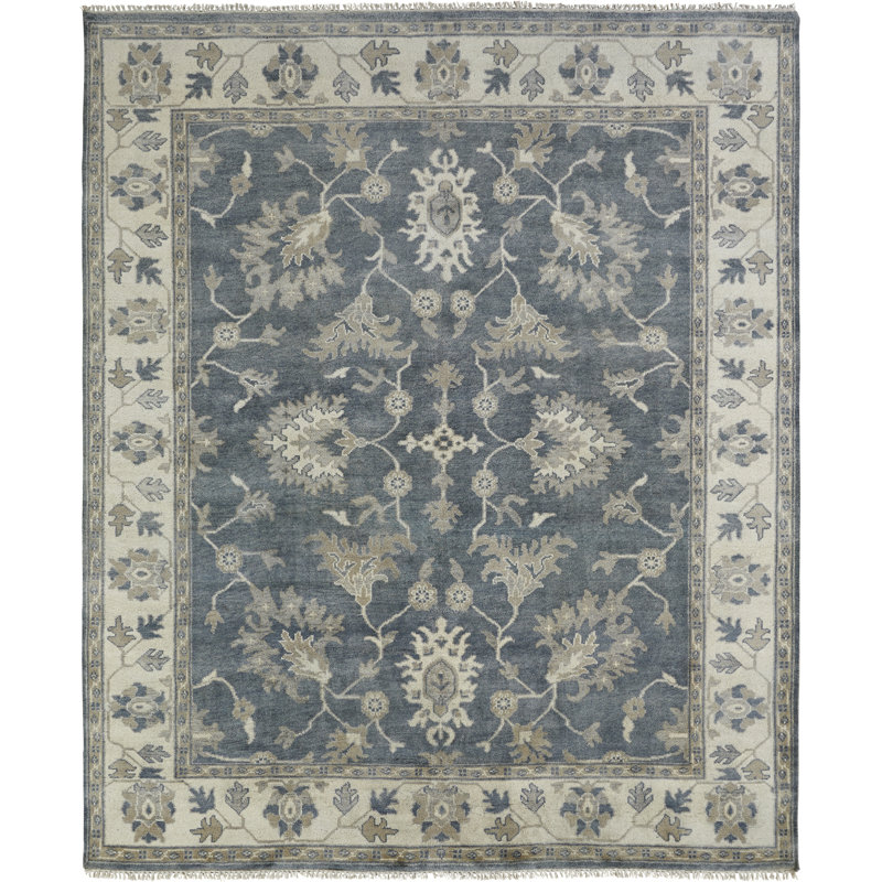 Tapis oriental bleu / ivoire en laine noué à la main Jayesh, Rectangle 9 pi x 12 pi