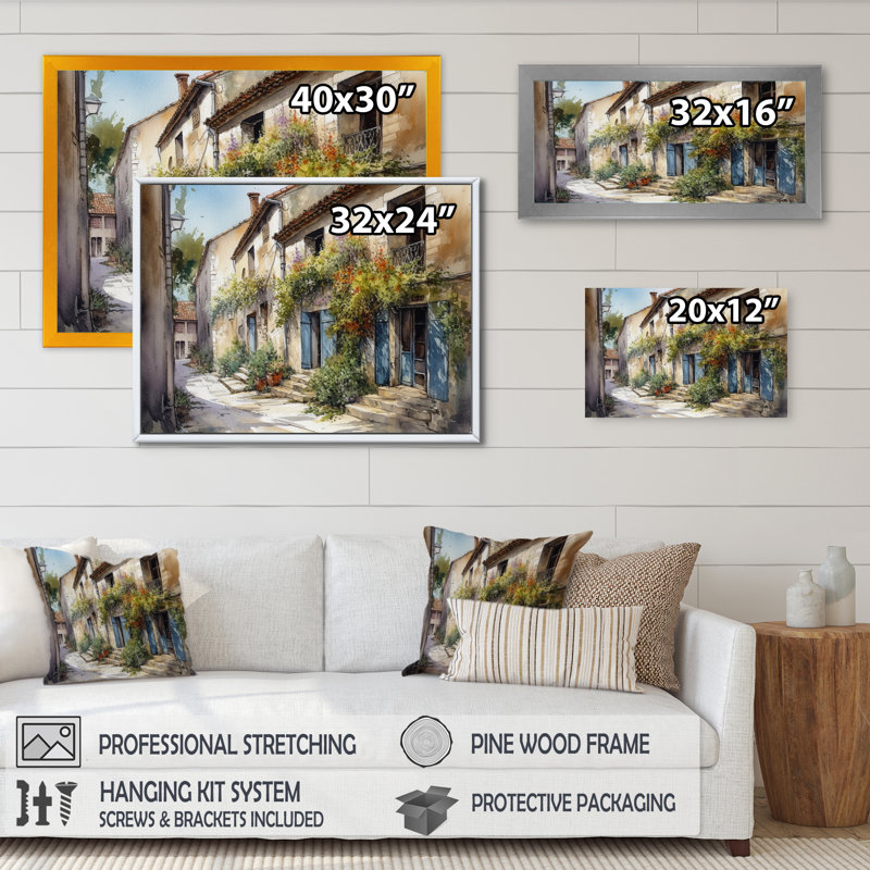 Riata, village méditerranéen, rue V - Paysage, art mural chalet, H 30 po x l 40 po x P 1,5 po, Cadre flottant noir