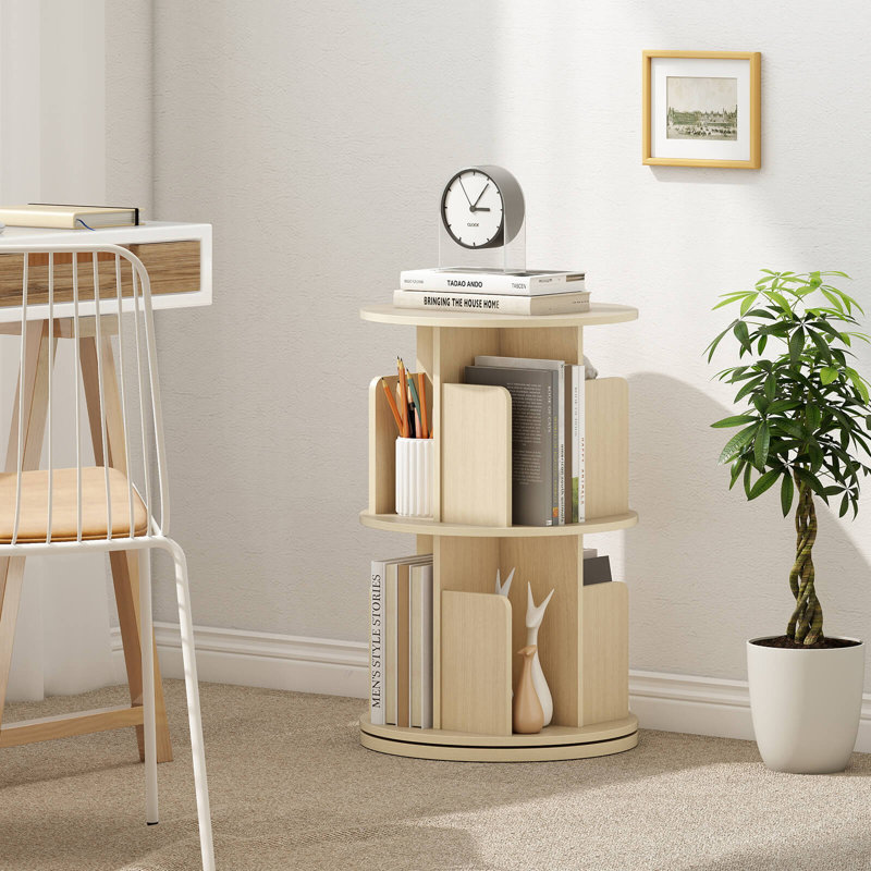 2 PCS 2-Tier Rotating Bookshelf 360° Display Rack Dividers & Anti-falling Baffles Natural, (2 Shelves) 26"H x 15.5"W x 15.5"D