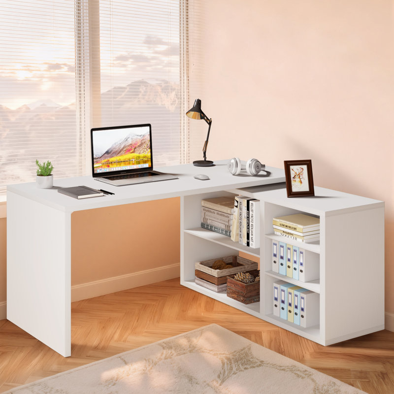55" Reversible L Shaped Computer Desk with Cabinet Shelves, Adjustable Industrial Wood Workstation for Work Study Writing Gaming