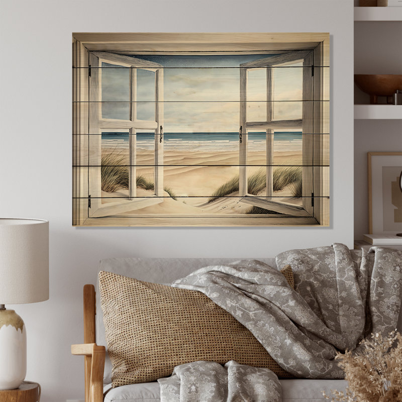Fenêtre sur la plage IV - impression sur bois sans cadre, H 16 po x l 32 po x P 1 po